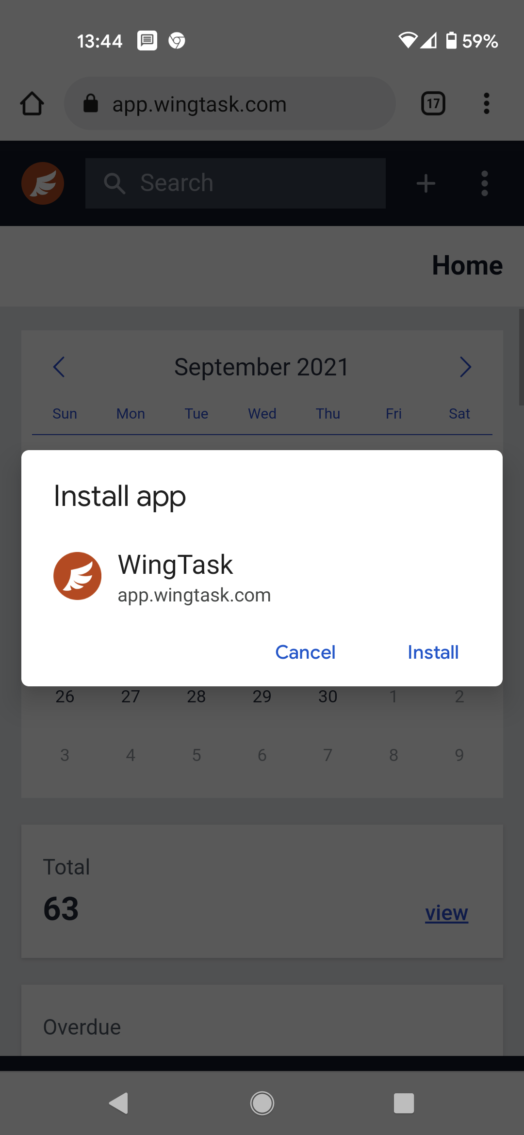 Confirm dialog to add WingTask to home screen
