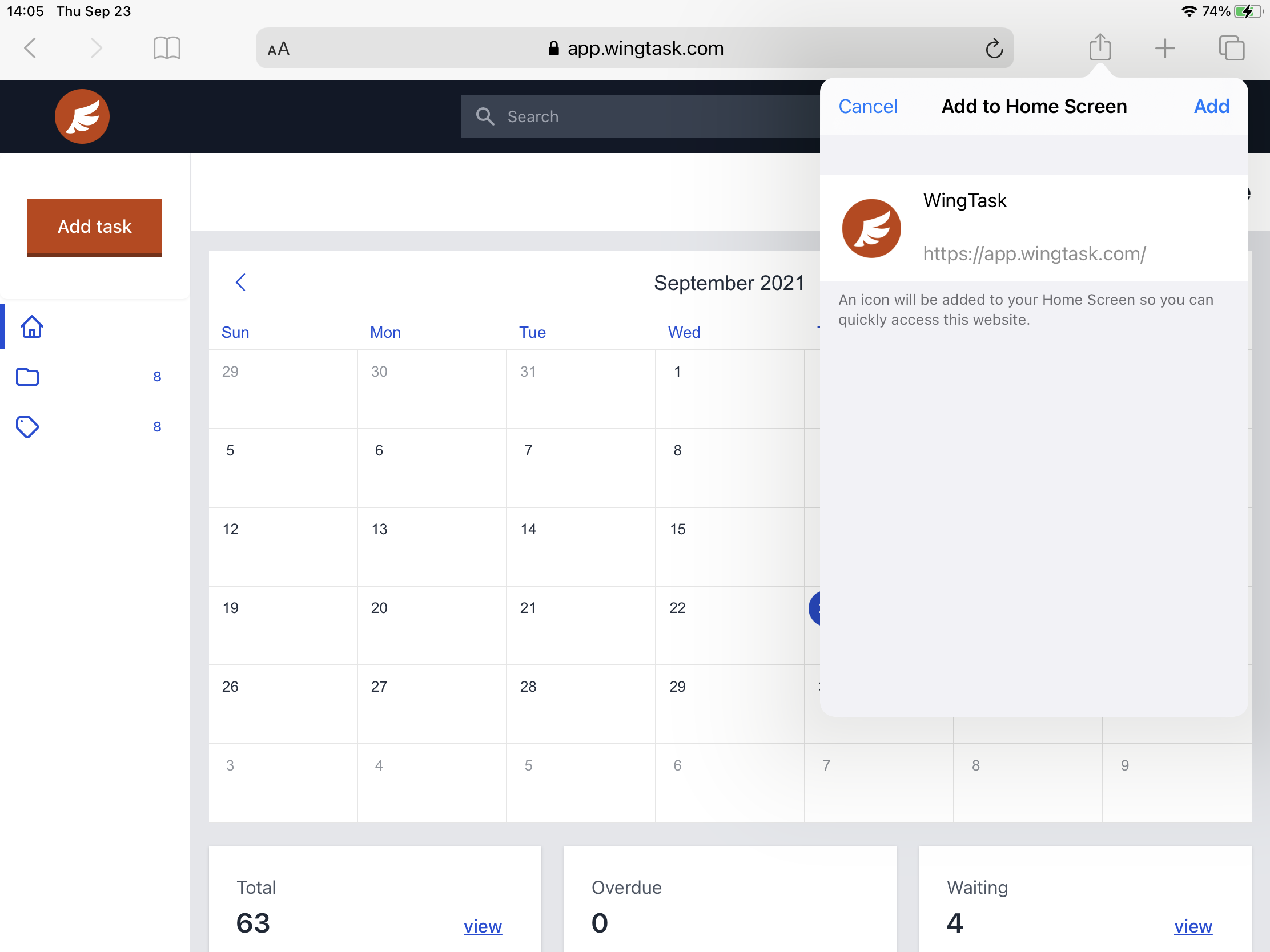 Add WingTask to Home screen