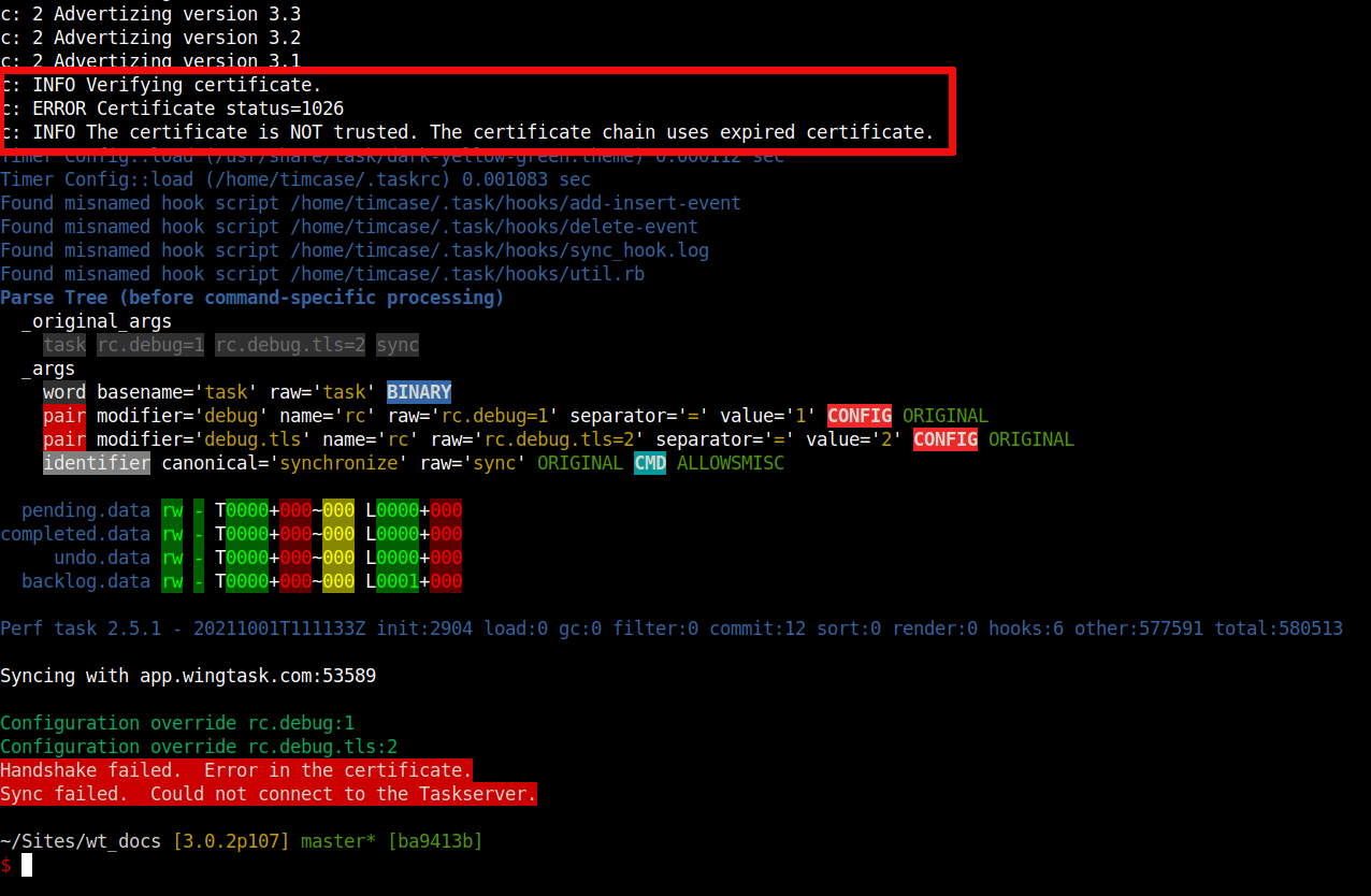 Task sync with diagnostic flags screenshot from console