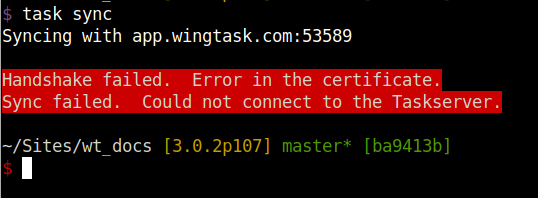 Task sync failed screenshot from console